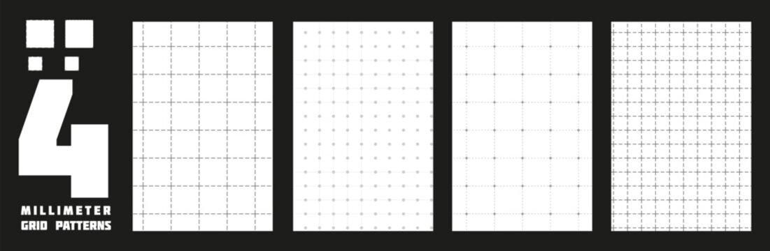 A set of white backgrounds with a gray grid for drawings.Graph paper texture for technical notes for planners.Notebook sheets with a square grid and editable lines.Engineering templates vector mockups