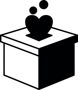 A donation box with a heart symbol and a solid heart being dropped in, representing generosity and charitable giving.