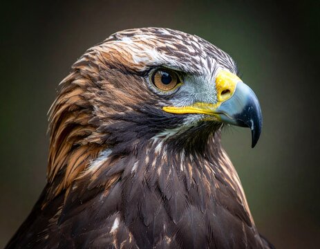 Detailed portrait of a wild red-tailed hawk and golden eagle with intense eyes and sharp beaks, capturing the majestic feathers and predatory nature of these noble raptors in wildlife/