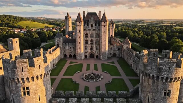 Historic castle with towers and moat in serene countryside landscape