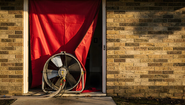 Blower Door Test: Energy Efficiency Analysis in a Brick Building with Red Curtain and Fan for Measuring Air Leakage and Home Performance Auditing on a Sunny Day