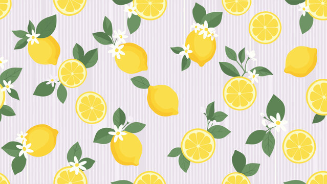 Fresh seamless pattern featuring whole lemons sliced citrus and small white flowers on a light striped background.