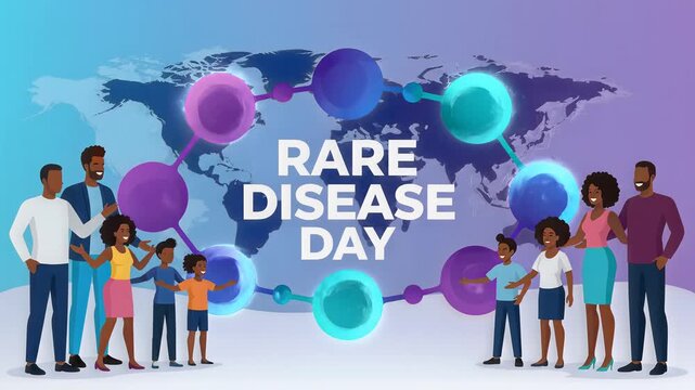 Vibrant vector illustration raising global rare disease day awareness, showing diverse families connected by a purple network.