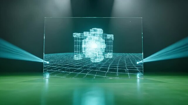 Futuristic holographic cube glows brightly on a grid surface under spotlights