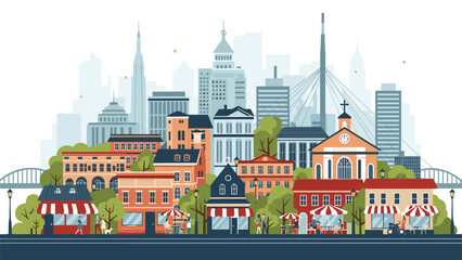 Charming urban cityscape illustration with colorful buildings, sidewalk cafes, people walking, and a modern skyline.