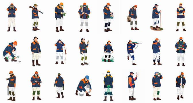 Collection of professional gamekeepers, forest rangers, hunters, and survivalists performing various outdoor activities using essential equipment.