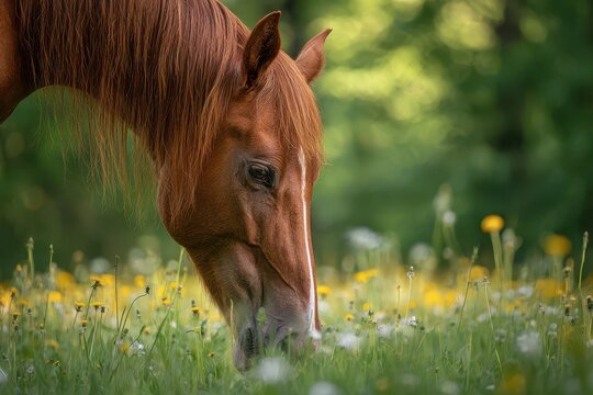Portrait of a calm horse grazing in golden hour light among summer grasses and dandelions
