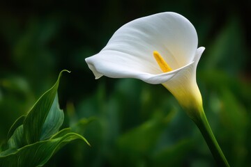 Profile view of a white calla lily against a dark green foliage backdrop