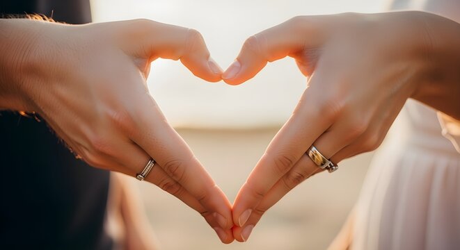 The hands of a couple wearing wedding rings come together to form a heart shape against a soft, golden-hour outdoor background.