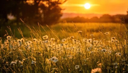 Golden Meadow - A Serene Sunset Over a Field of Wildflowers.