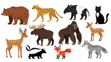 Fototapeta premium Diverse Collection of Wild and Domestic Animals Vector Illustration, Flat Design Style, Educational and Wildlife Graphics