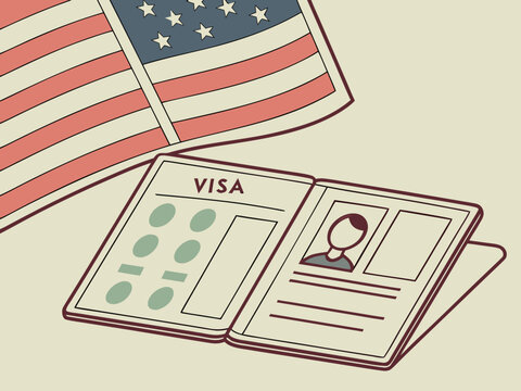 US visa, Visa in passport, fee for US visa, tour of the USA, airport, customs, checkpoint, illegal immigrants, closed borders Vector