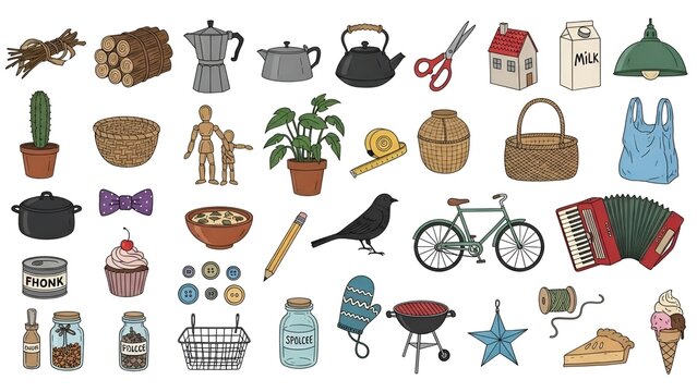 Diverse Collection of Everyday Objects and Items, Vector Illustration Style, Isolated on White Background for Creative Design and Craft Projects