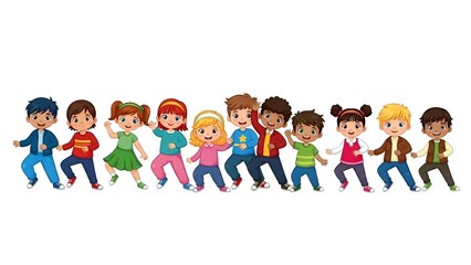 Fototapeta premium Diverse Group of Happy Children Dancing and Jumping Together, Vector Illustration, Fun and Energetic Style, Ideal for Kids' Content and Educational Materials