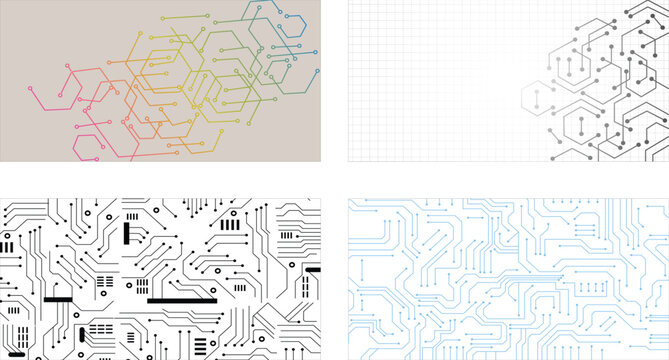 Set of seamless circuit patterns. Circuit board texture. Collection of digital high tech style vector backgrounds