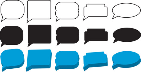 Set of blank speech bubble and message box element shapes in outline, solid black, and 3D blue styles for communication and chat designs