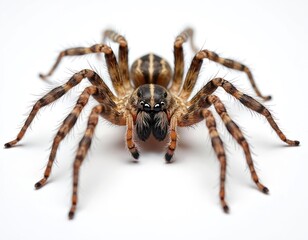 Carolina wolf spider macro detail frontal view. Big hairy arachnid with striped legs and body on white background. Venomous garden pest, predator hunt concept.