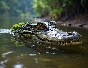 A dangerous wild alligator with sharp teeth rests in the murky Everglades swamp water as the powerful reptile predator keeps its scaly head and watchful eye above the surface in the Florida nature