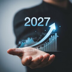 Businessman showing 2027 growth projection with upward arrow and graph