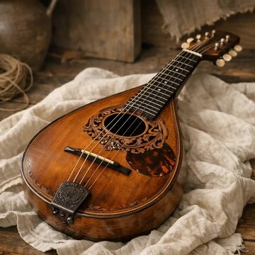 wooden mandolin placed on linen cloth in rustic studio orbit video