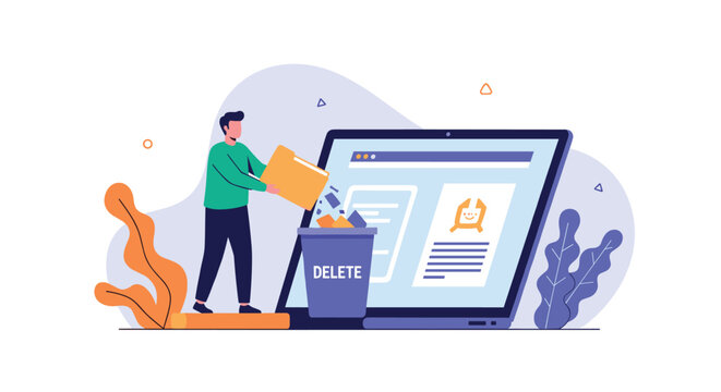 Man putting a folder into a trash bin next to a laptop, representing data deletion, digital cleanup, and responsible information management.