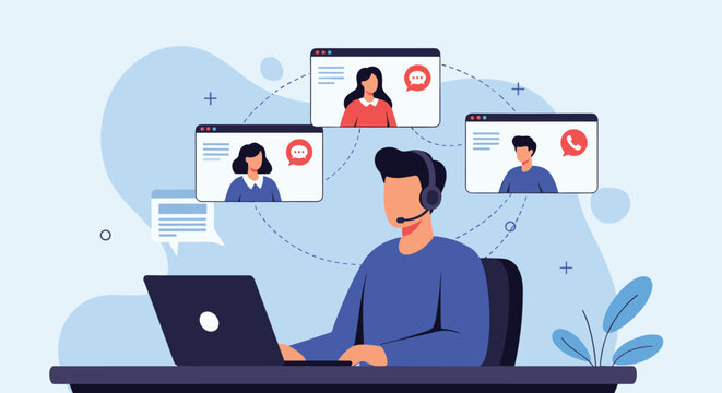 Man with headset on laptop participating in a group video call, symbolizing customer support, virtual collaboration, and online communication.