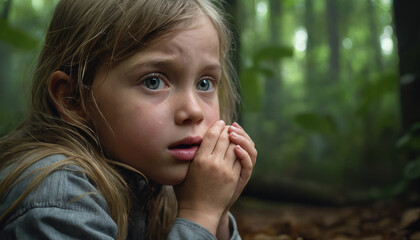 Fototapeta premium A Little Girl Hiding in Dark Forest