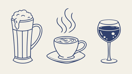 A minimalist line art illustration featuring three different beverages in a clean, navy-blue-on-off-white style: A tall beer glass, A steaming cup of coffee, A glass of red wine