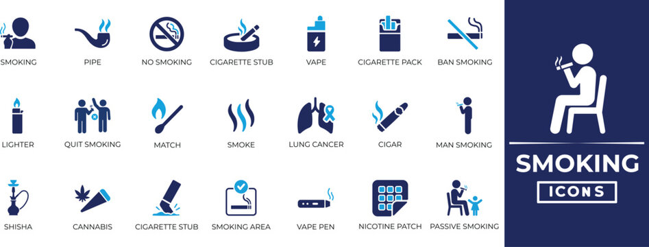 Smoking solid icons set. Containing cigarette, cigar, drug, pollution, cannabis, smoke, vape, cigar, ashtray, nicotine and more. Solid vecotr icon collection.