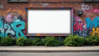 Obraz premium Large blank billboard on brick wall covered with colorful graffiti art. Outdoor urban space for advertising message. Empty screen for your promotion.