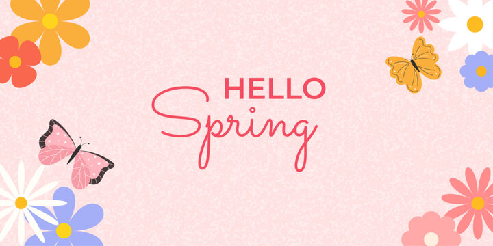 Hello Spring greeting card with butterflies and colorful flowers on soft pastel background. Cute seasonal design for banners, posters, invitations, and social media templates.