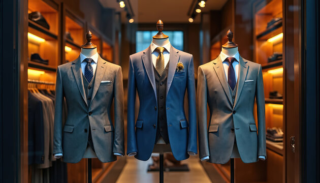 Three tailored suits with vests and ties displayed on mannequins inside a modern retail store. Formal menswear arranged neatly in a shop window, showcasing elegant fashion.