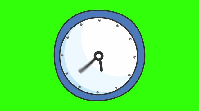 A simple doodle style wall clock with a blue frame and black ticking hands. The cartoon illustration is isolated on a vibrant green chroma key background, seamless loop animation