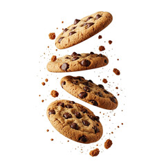Four chocolate chip cookies floating in the air with crumbs isolated on transparent background