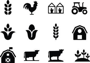 Modern agriculture icon set featuring farm animals crops tractor barn greenhouse wheat corn plants minimalist black silhouette vector design © Fahim's World