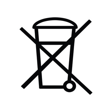 Black symbol representing trash can with wheels crossed out by two diagonal lines indicating do not dispose in trash on transparent background.
