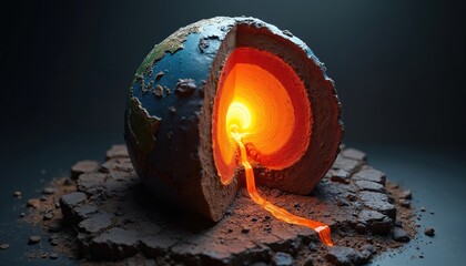 Cutaway model of Earth shows internal structure. Molten magma flows from hot core through mantle and crust layers. Planetary geology education visual.