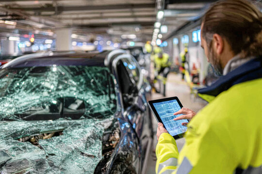 A worker in a high-visibility jacket inspects a severely damaged car windshield using a tablet in a parking garage.