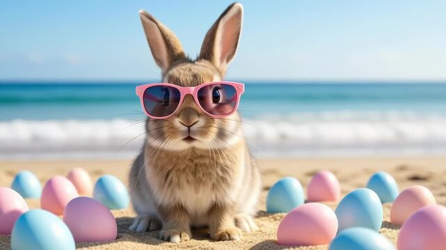 A cute rabbit wearing sunglasses sits on a beach surrounded by colorful Easter eggs in a fun video scene. high quality 4k video