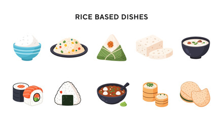 Illustration of various ricebased dishes arranged in two rows on a white background © zyaa