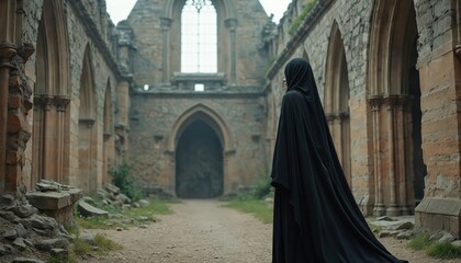 Naklejka premium Woman in black dress and veil stands in ancient gothic ruins. Crumbling stone walls and arches create eerie atmosphere. She looks towards dark building entrance. Mystery and history pervade site.