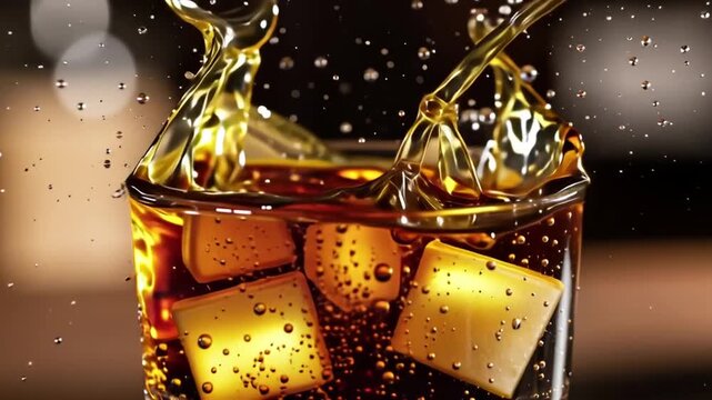 Whiskey being poured into a glass with ice.