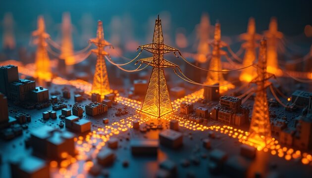 Miniature city grid with glowing power lines and towers. Small buildings connect to illuminated energy infrastructure. Electric power distribution network model.