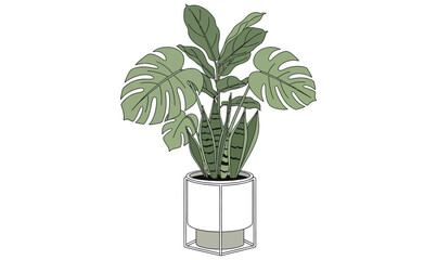 aesthetic living room plant in modern pot, home decor flat vector illustration_26