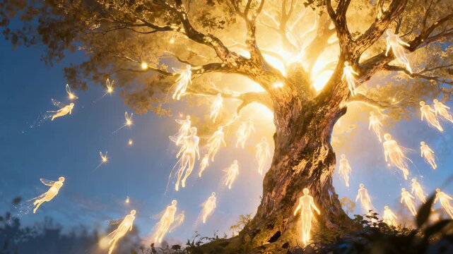 Tree of Life surrounded by luminous human souls ascending like fireflies, branches glowing with spiritual energy, soft divine light, sacred atmosphere, magical realism, dreamlike fantasy art