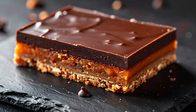 Nanaimo bar slice on dark stone plate, tasty dessert, appetizing sweet snack.