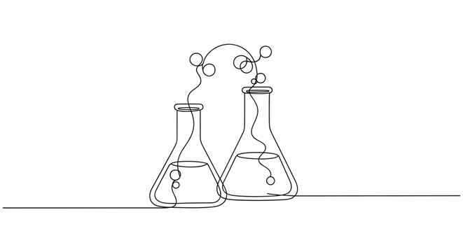 Continuous line drawing of chemistry flasks with molecular structures. no editable stroke
