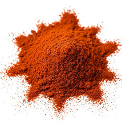 A pile of red powder spice on a transparent background with scattered particles around it