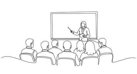 Outline of female caucasian adult instructor teaching a diverse adult class in lecture hall. no editable stroke