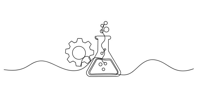 Continuous line drawing of laboratory flask with gear symbolizing science and technology. no editable stroke